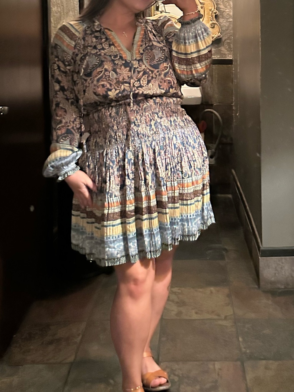 Boho Blue Multicolor Paisley Smocked Mini Dress